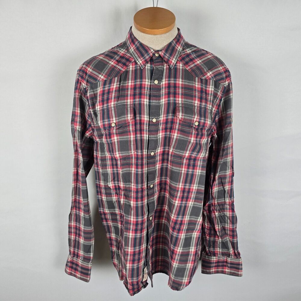 Lucky Brand Casual Shirt Men's L Red & Gray Plaid Long Sleeve Collar Pearl Snaps